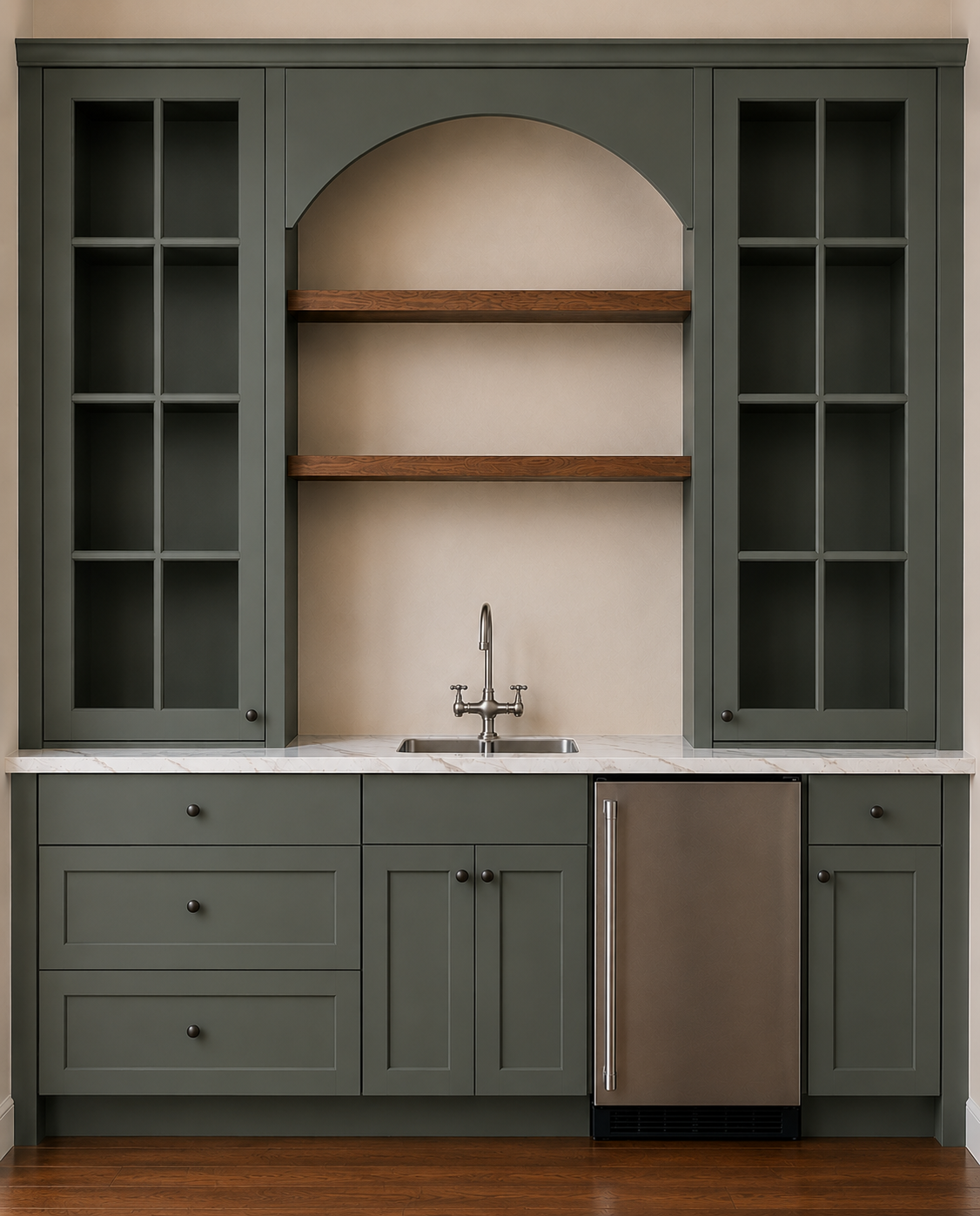Photorealistic rendering of the matching dark custom bar cabinetry