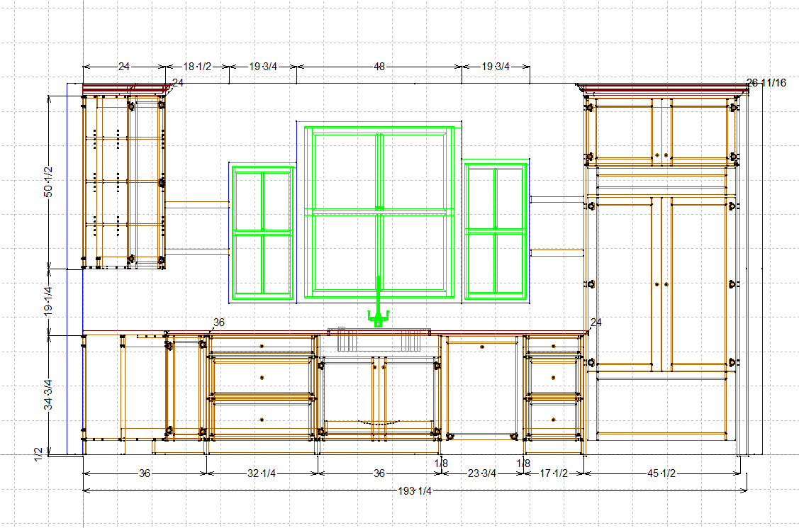 Cabinet Vision elevation drawing of the dark frameless kitchen wall showing dimensioned wall cabinets, base cabinetry and door details before construction