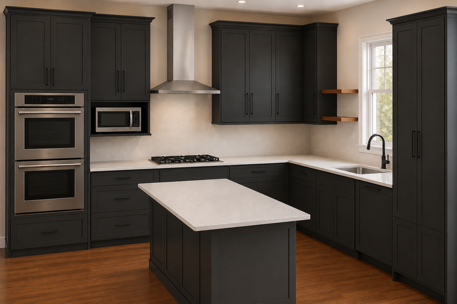 Photorealistic rendering of the dark frameless full-overlay kitchen prior to fabrication